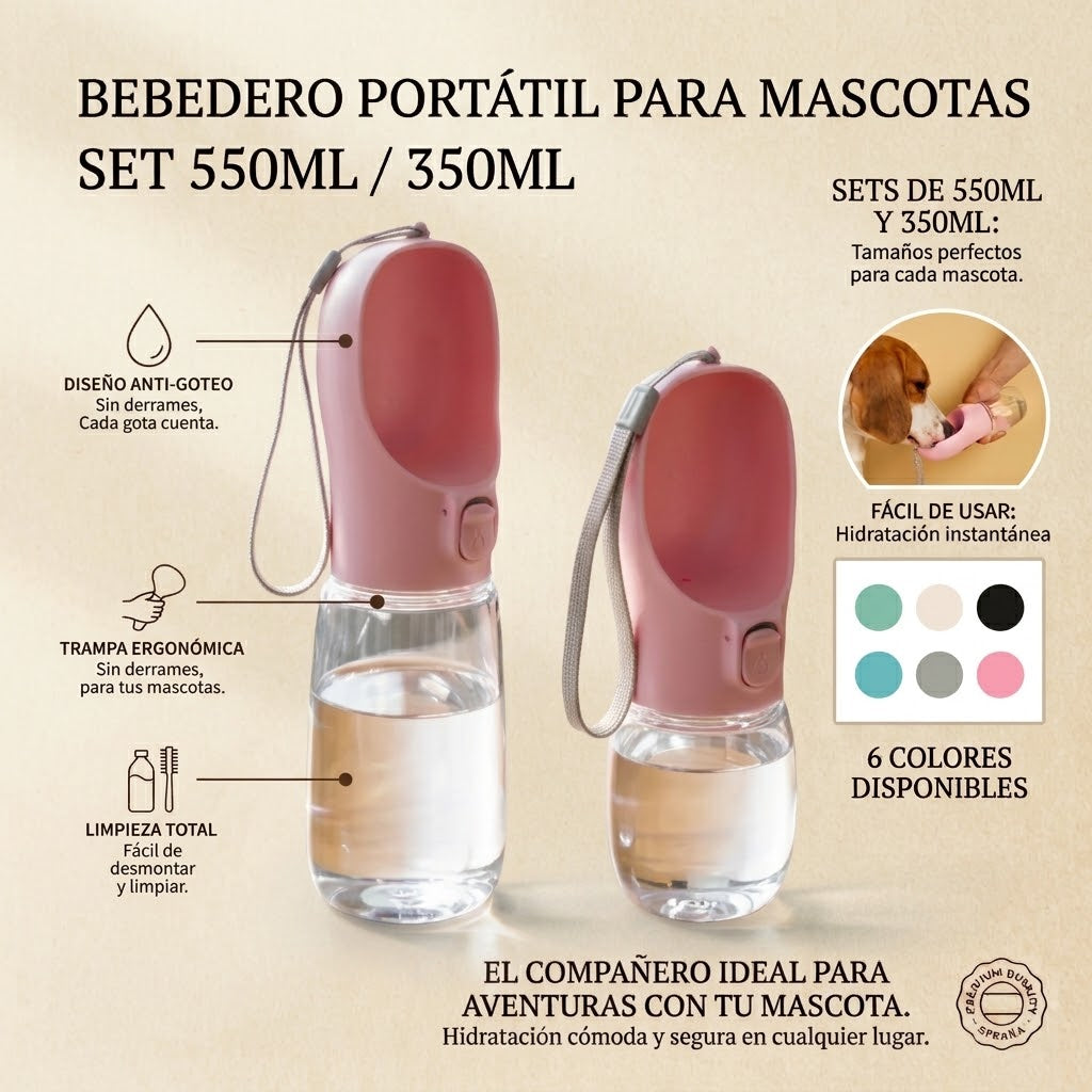 Bebedero Portátil para Perro y Gato con Cordón, 350ml/550ml